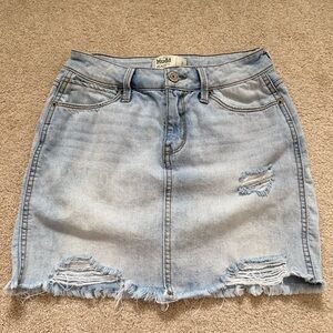 Vintage Y2K Mudd Light Blue Distressed Denim Mini Skirt Frayed Hem Flx Stretch 3